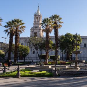 Plaza de Armas Arequipa with Basilica Cathedral of Arequipa in the background